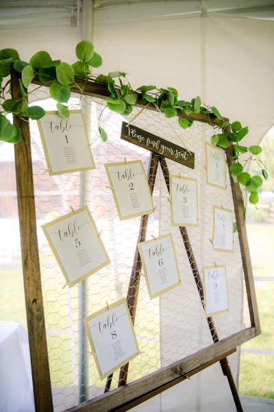 Seating Chart. Chicken wire framed with little clothespins holding table numbers and names at fawn hollow acres