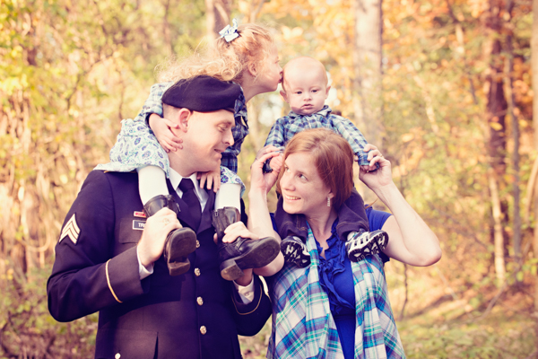 Army family photo in Autumn leaves